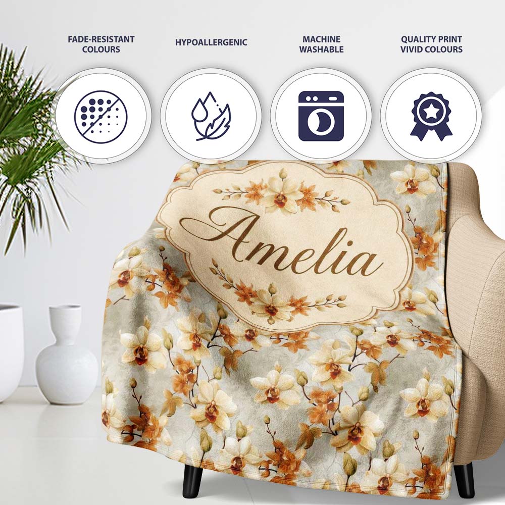 Cream and Amber Orchid Floral Pattern on Soft Neutral Background  Personalised Custom Name Super Soft Fleece Blanket Bed Sofa Throw