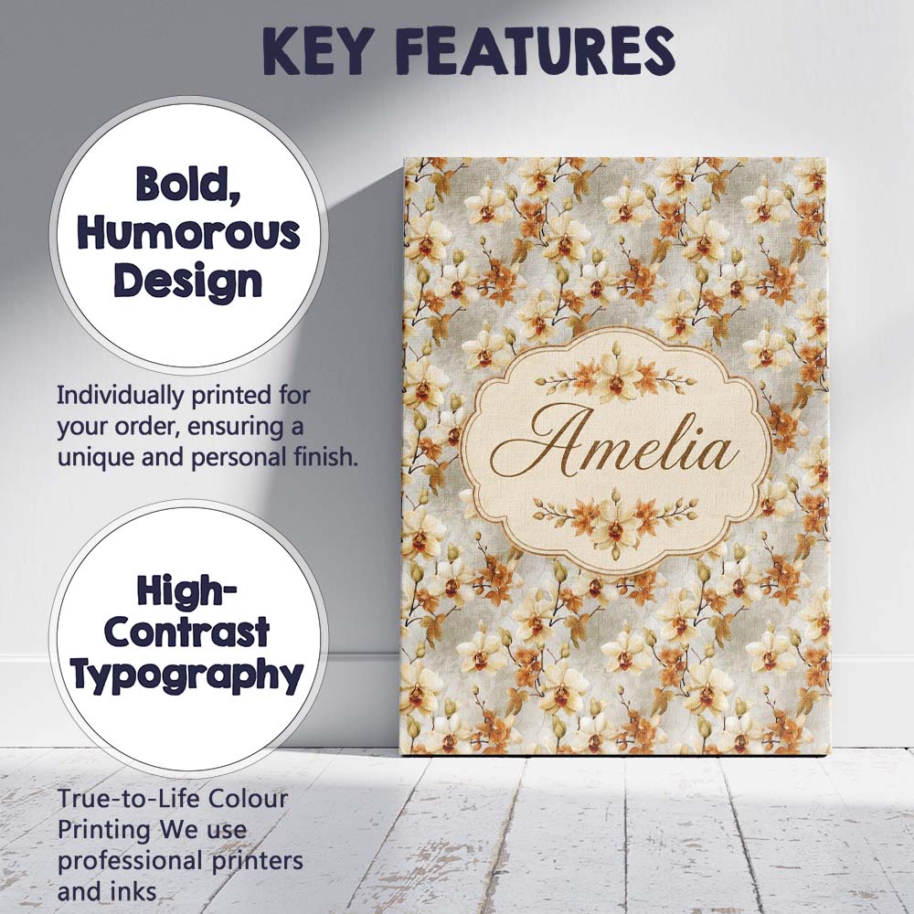Personalised Name Cream and Amber Orchid Custom  Unique Gift Idea Elegant Feature Canvas Wall Art Print Decor Picture Ready to Hang