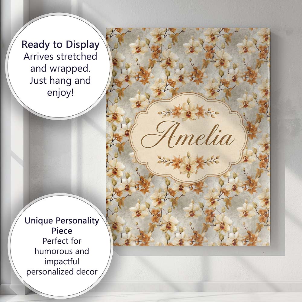 Personalised Name Cream and Amber Orchid Custom  Unique Gift Idea Elegant Feature Canvas Wall Art Print Decor Picture Ready to Hang