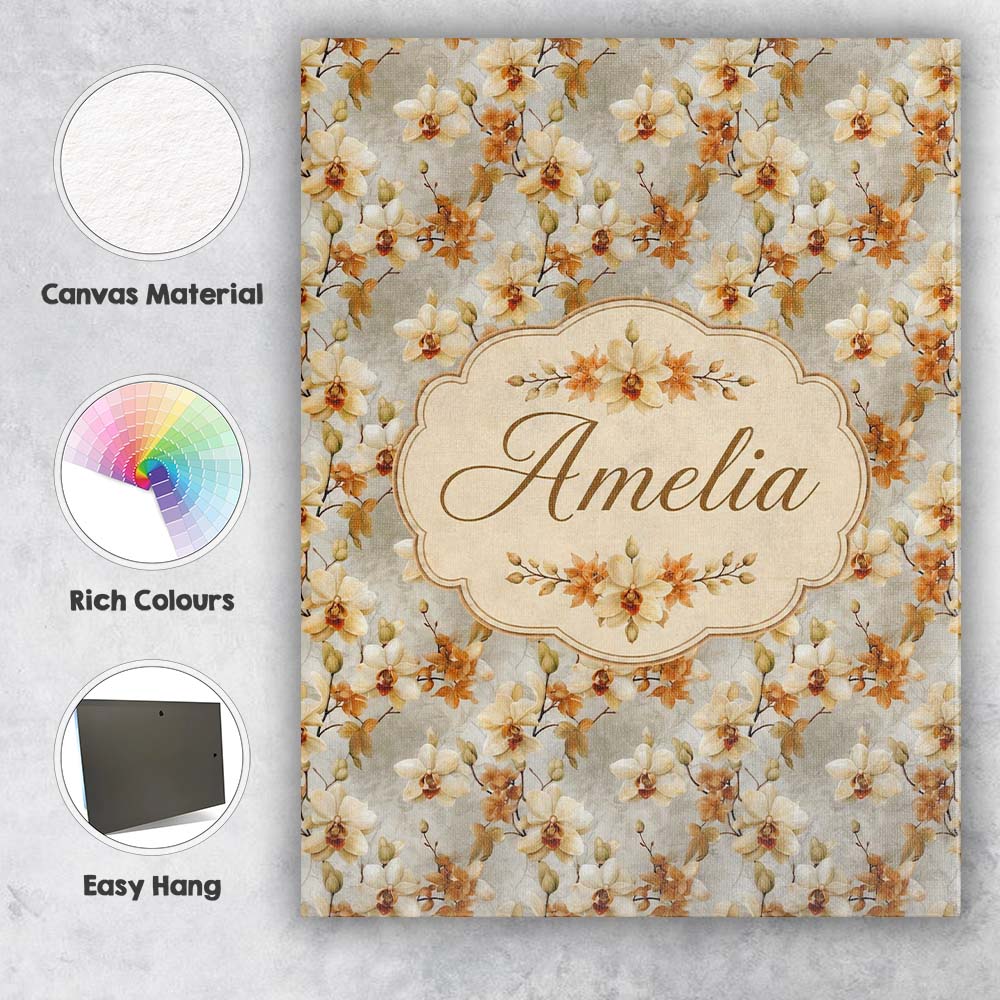 Personalised Name Cream and Amber Orchid Custom  Unique Gift Idea Elegant Feature Canvas Wall Art Print Decor Picture Ready to Hang