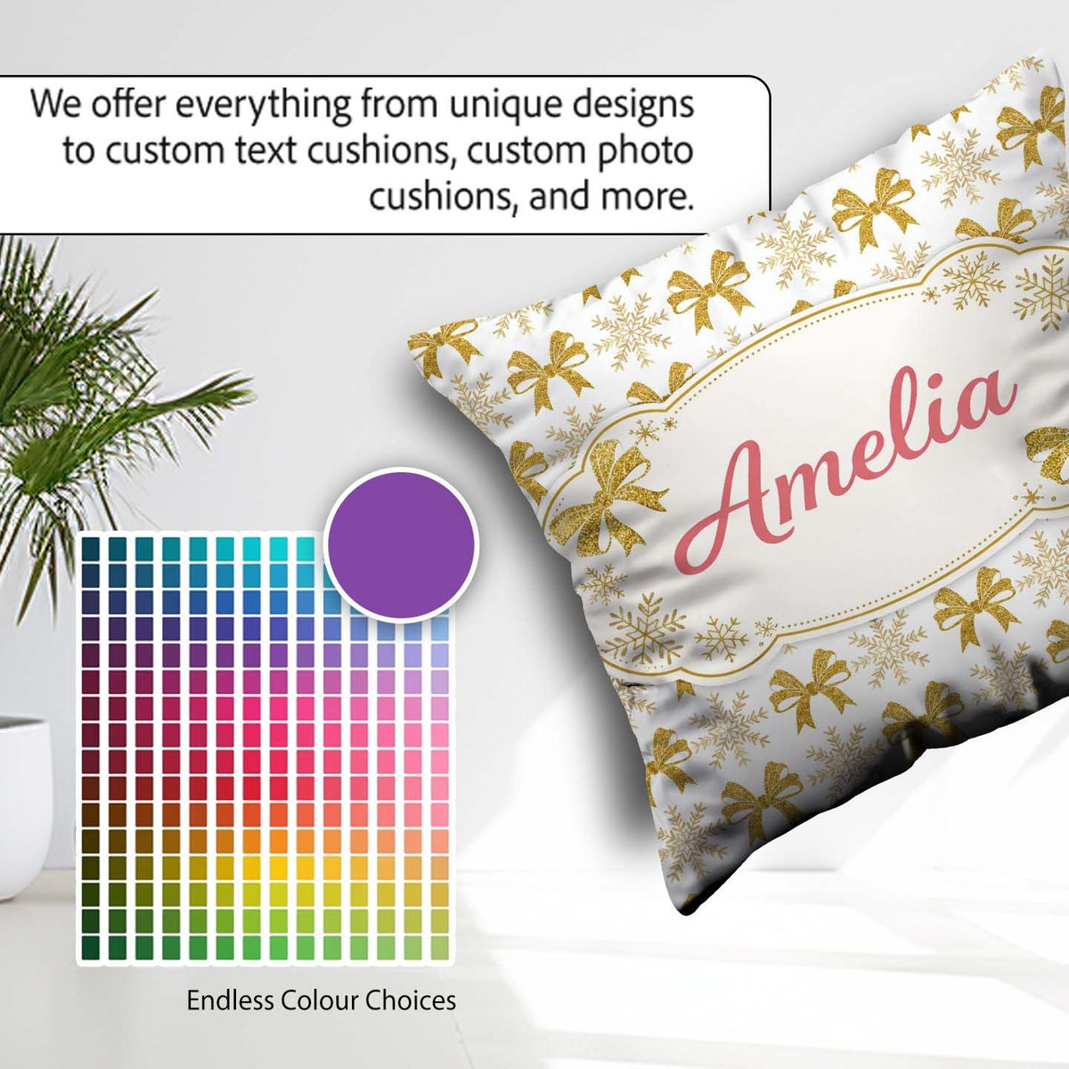 Custom Name Gold Glitter Snowflake and Bow Christmas Pattern Square Filled Cushion Throw Pillow Sofa Bed Home Decor Zip Washable UK Made