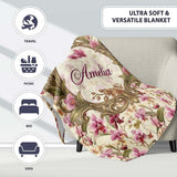 Pink Orchid Garden Floral Pattern on Light Cream Background Lovely  Personalised Custom Name Super Soft Fleece Blanket Bed Sofa Throw