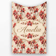 Deep Red Orchid Floral Pattern on Vintage Neutral Background Lovely  Personalised Custom Name Super Soft Fleece Blanket Bed Sofa Throw