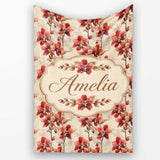 Deep Red Orchid Floral Pattern on Vintage Neutral Background Lovely  Personalised Custom Name Super Soft Fleece Blanket Bed Sofa Throw