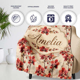 Deep Red Orchid Floral Pattern on Vintage Neutral Background Lovely  Personalised Custom Name Super Soft Fleece Blanket Bed Sofa Throw