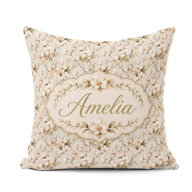 Custom Name Classic White Orchid Blossom Pattern on Soft Beige Square Filled Cushion Throw Pillow Sofa Bed Home Decor Zip Washable UK Made