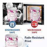 Personalized Custom Name Vibrant Pink Bougainvillea Floral Vine Elegant Seamless Pattern 11oz Ceramic Coffee Tea Mug White Large Handle