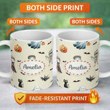Personalized Custom Name Halloween Zombie Mummy Vampire and Bat Characters Cream Background 11oz Ceramic Coffee Tea Mug White Large Handle
