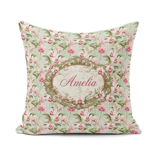 Custom Name Soft Pink and White Orchid on Light Green Background Square Filled Cushion Throw Pillow Sofa Bed Home Decor Zip Washable UK Made