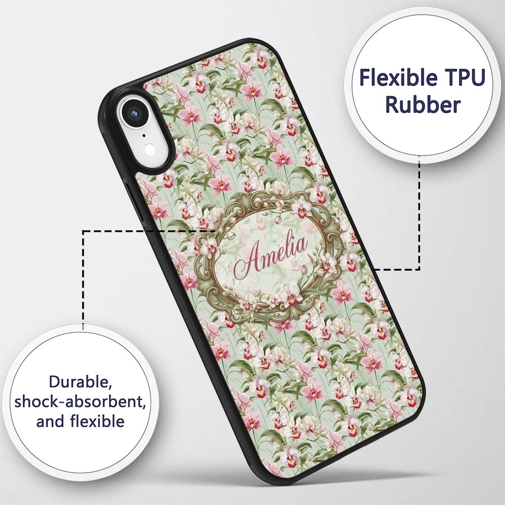 Soft Pink and White Orchid Pattern on Light Green Custom Name Protective Phone Case Mobile Cover Durable Everyday Smartphone Shock Resistant