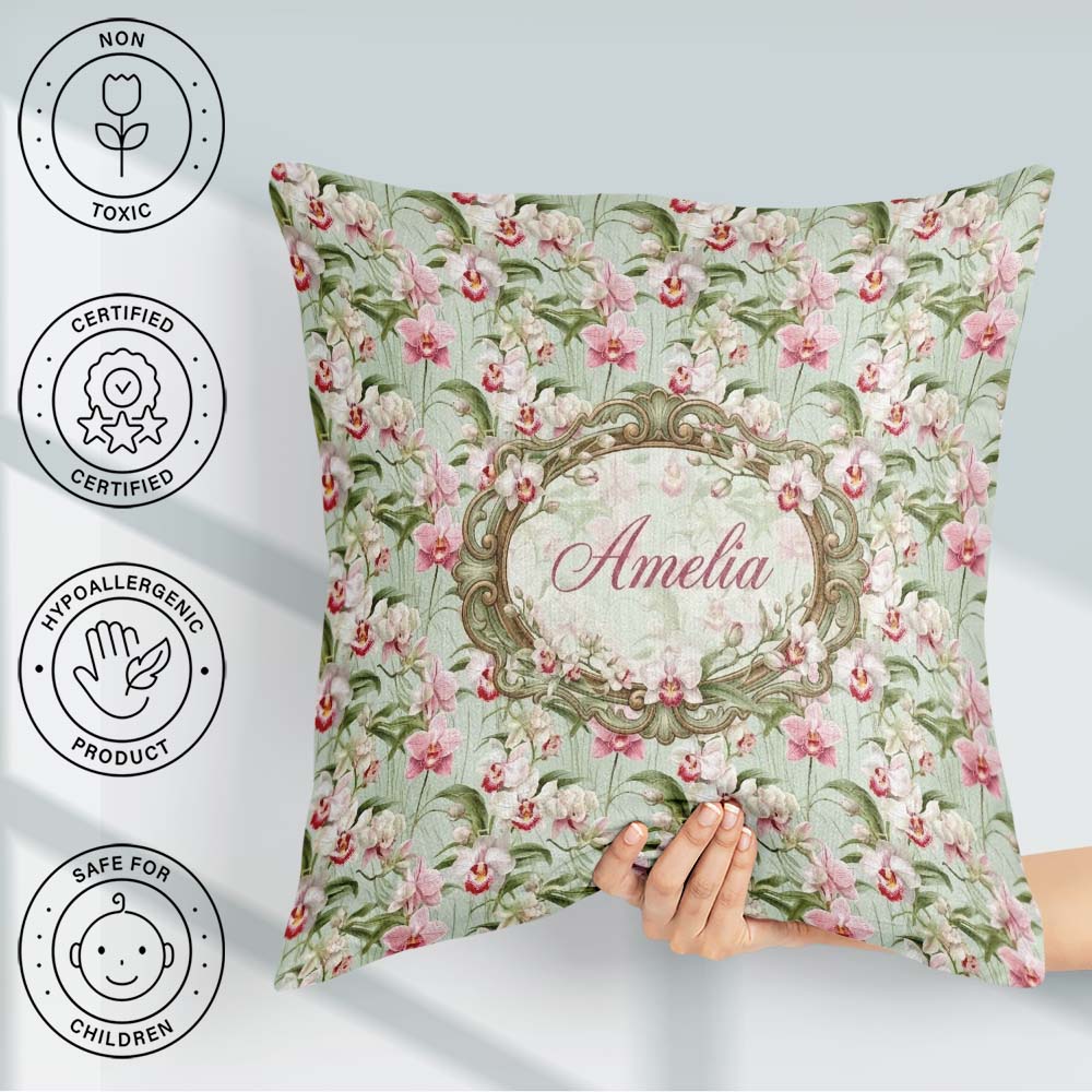 Custom Name Soft Pink and White Orchid on Light Green Background Square Filled Cushion Throw Pillow Sofa Bed Home Decor Zip Washable UK Made