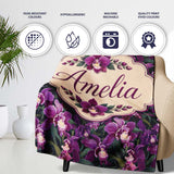 Rich Purple Orchid Floral Pattern on Dark Background Elegant Lovely  Personalised Custom Name Super Soft Fleece Blanket Bed Sofa Throw