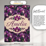 Rich Purple Orchid Floral Pattern on Dark Background Elegant Lovely  Personalised Custom Name Super Soft Fleece Blanket Bed Sofa Throw