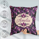 Custom Name Rich Purple Orchid Floral Pattern on Dark Background Square Filled Cushion Throw Pillow Sofa Bed Home Decor Zip Washable UK Made