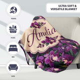 Rich Purple Orchid Floral Pattern on Dark Background Elegant Lovely  Personalised Custom Name Super Soft Fleece Blanket Bed Sofa Throw