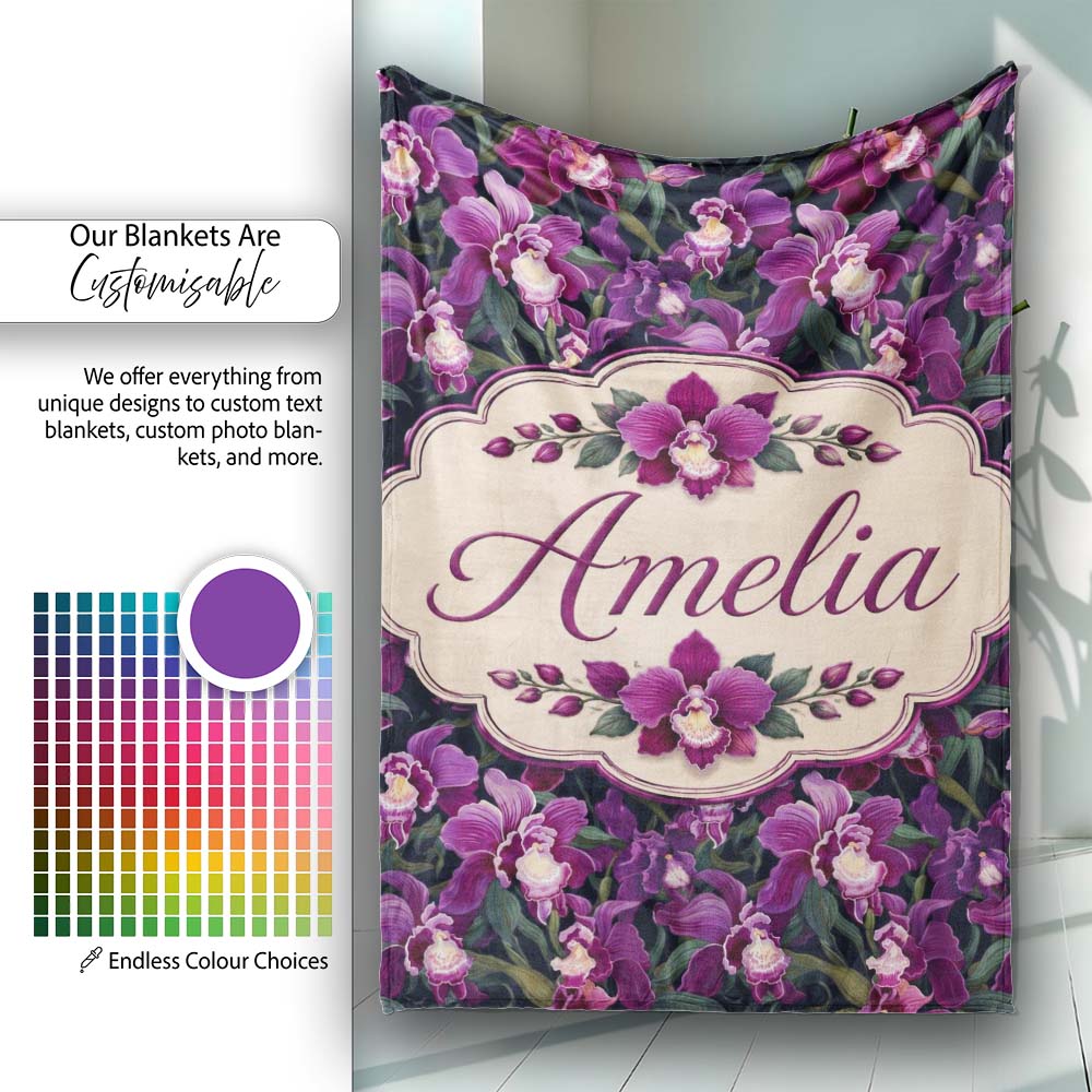 Rich Purple Orchid Floral Pattern on Dark Background Elegant Lovely  Personalised Custom Name Super Soft Fleece Blanket Bed Sofa Throw