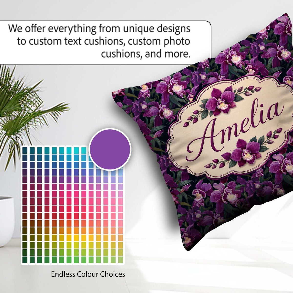 Custom Name Rich Purple Orchid Floral Pattern on Dark Background Square Filled Cushion Throw Pillow Sofa Bed Home Decor Zip Washable UK Made