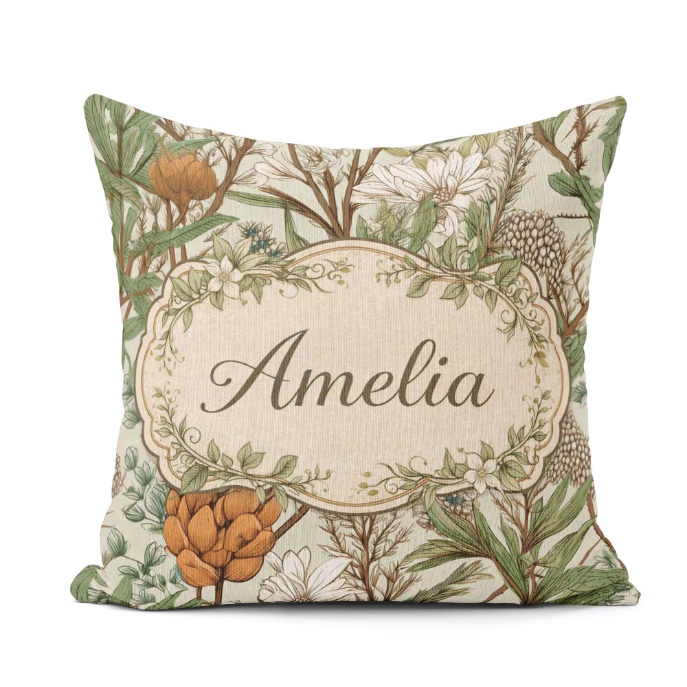 Custom Name Botanical Garden Floral Pattern Natural Tones Coffee Square Filled Cushion Throw Pillow Sofa Bed Home Decor Zip Washable UK Made