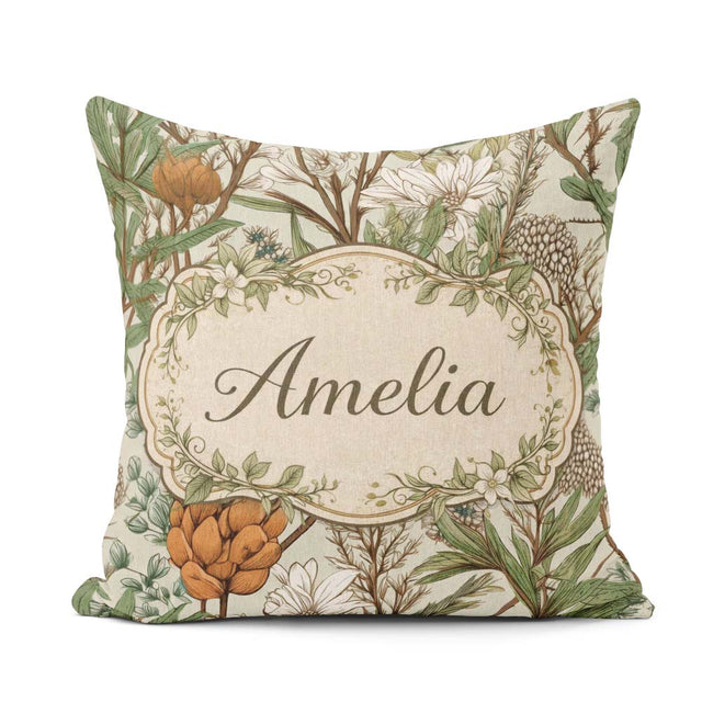 Custom Name Botanical Garden Floral Pattern Natural Tones Coffee Square Filled Cushion Throw Pillow Sofa Bed Home Decor Zip Washable UK Made