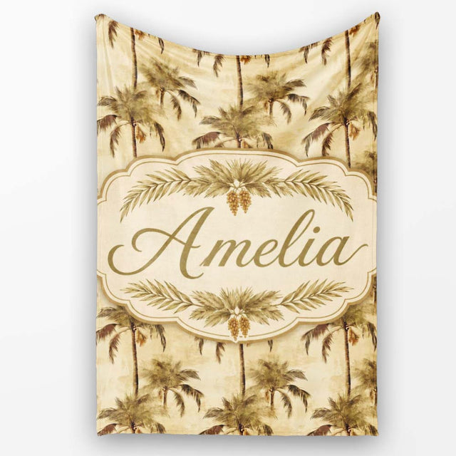 Vintage Sepia Palm Tree Tropical Pattern on Beige Background Coastal  Personalised Custom Name Super Soft Fleece Blanket Bed Sofa Throw