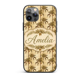 Vintage Sepia Palm Tree Tropical Pattern on Beige Custom Name Protective Phone Case Mobile Cover Durable Everyday Smartphone Shock Resistant