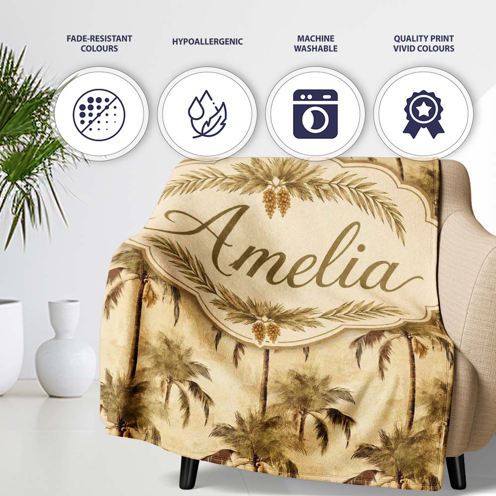 Vintage Sepia Palm Tree Tropical Pattern on Beige Background Coastal  Personalised Custom Name Super Soft Fleece Blanket Bed Sofa Throw