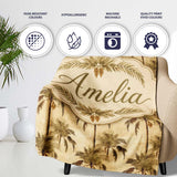 Vintage Sepia Palm Tree Tropical Pattern on Beige Background Coastal  Personalised Custom Name Super Soft Fleece Blanket Bed Sofa Throw