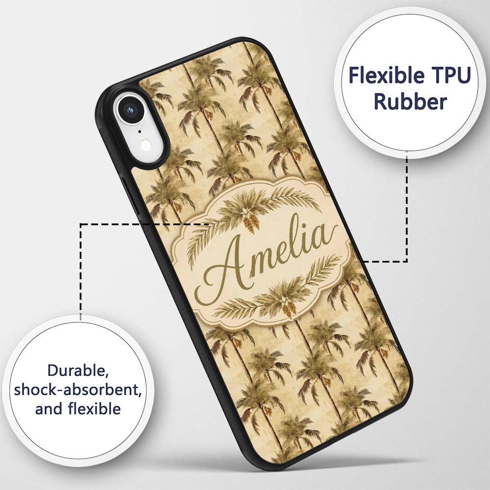 Vintage Sepia Palm Tree Tropical Pattern on Beige Custom Name Protective Phone Case Mobile Cover Durable Everyday Smartphone Shock Resistant