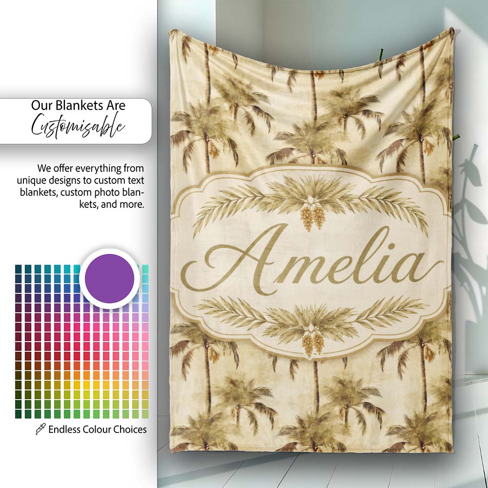 Vintage Sepia Palm Tree Tropical Pattern on Beige Background Coastal  Personalised Custom Name Super Soft Fleece Blanket Bed Sofa Throw