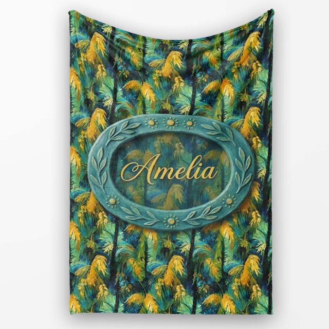 Bold Painterly Tropical Palm Leaves in Teal and Mustard Artistic  Personalised Custom Name Super Soft Fleece Blanket Bed Sofa Throw