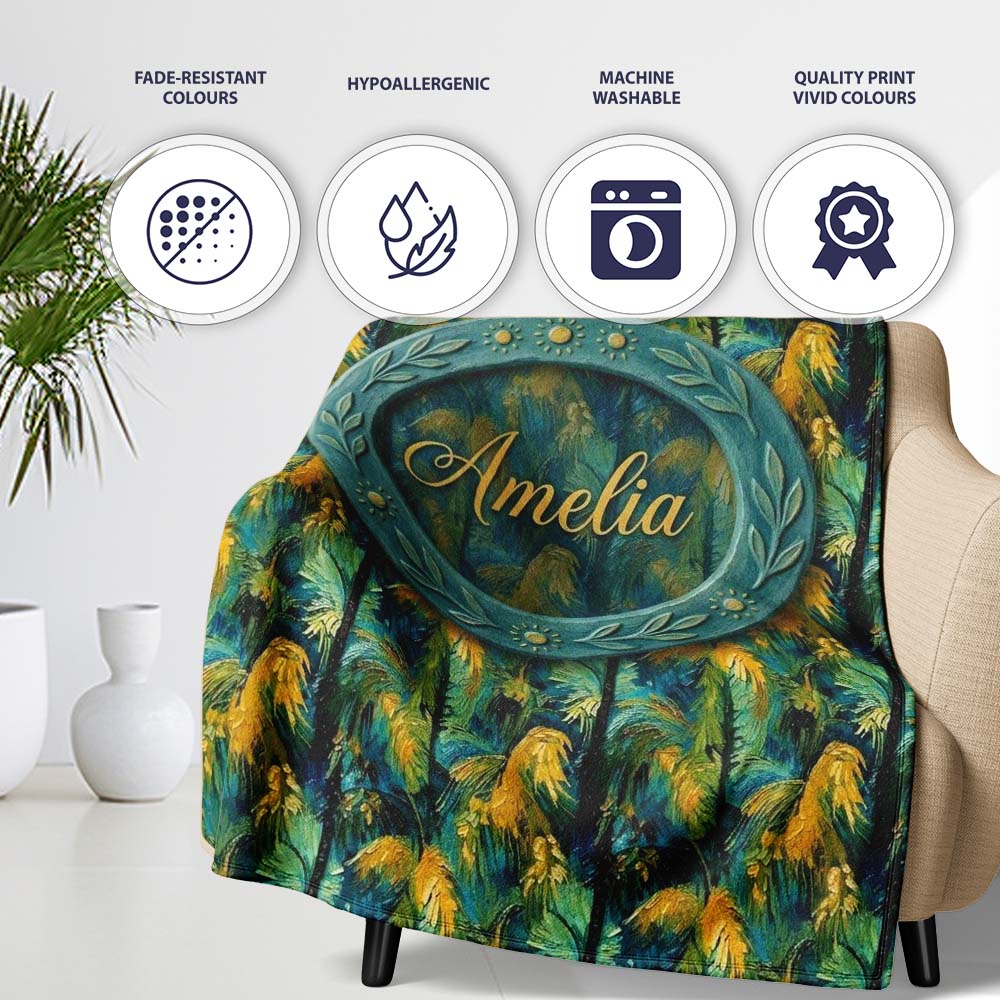 Bold Painterly Tropical Palm Leaves in Teal and Mustard Artistic  Personalised Custom Name Super Soft Fleece Blanket Bed Sofa Throw