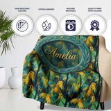 Bold Painterly Tropical Palm Leaves in Teal and Mustard Artistic  Personalised Custom Name Super Soft Fleece Blanket Bed Sofa Throw