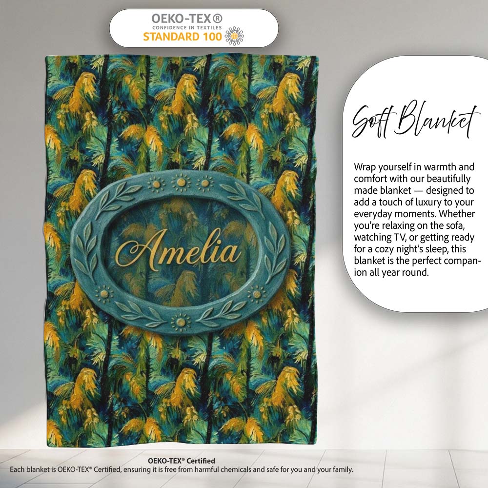 Bold Painterly Tropical Palm Leaves in Teal and Mustard Artistic  Personalised Custom Name Super Soft Fleece Blanket Bed Sofa Throw