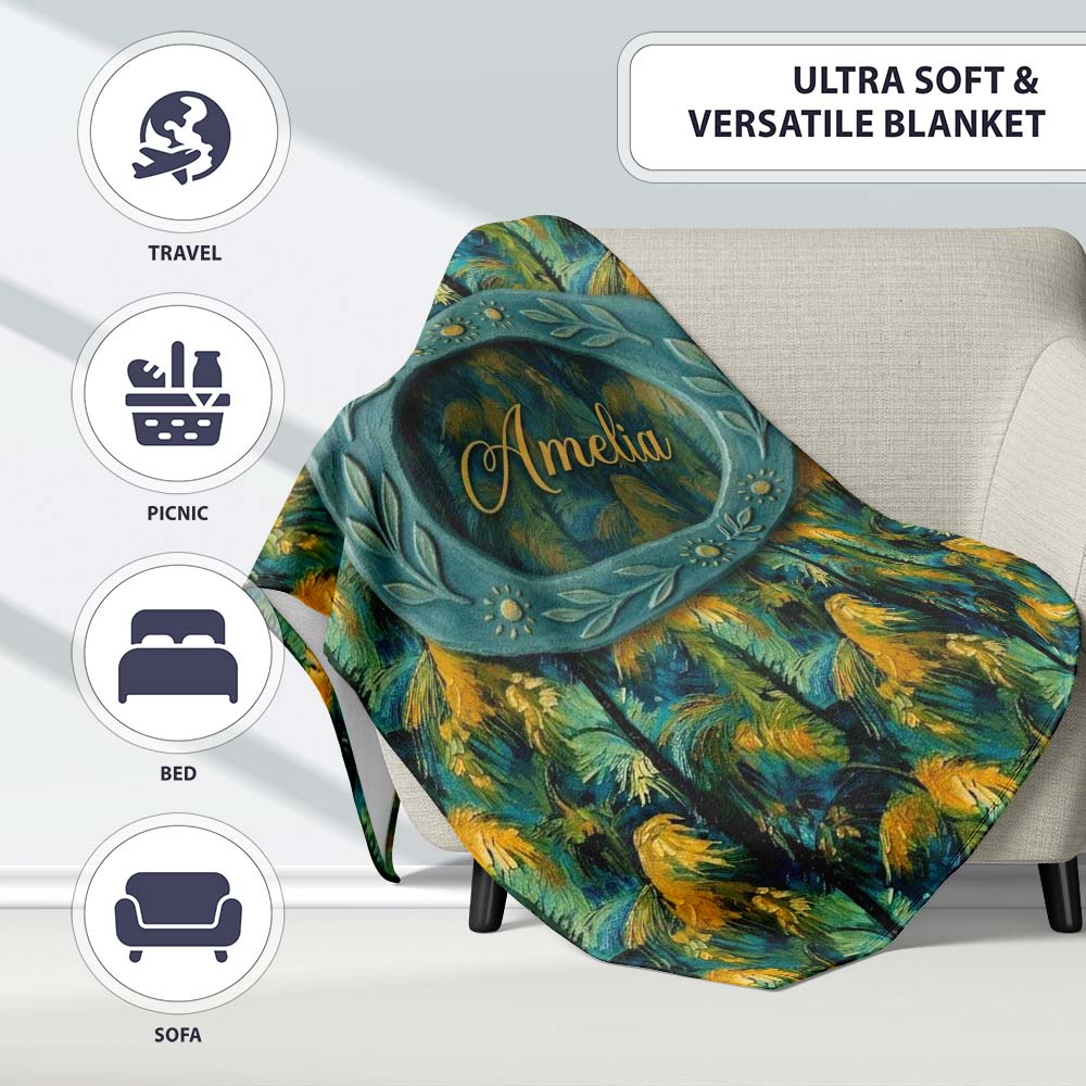 Bold Painterly Tropical Palm Leaves in Teal and Mustard Artistic  Personalised Custom Name Super Soft Fleece Blanket Bed Sofa Throw