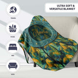 Bold Painterly Tropical Palm Leaves in Teal and Mustard Artistic  Personalised Custom Name Super Soft Fleece Blanket Bed Sofa Throw