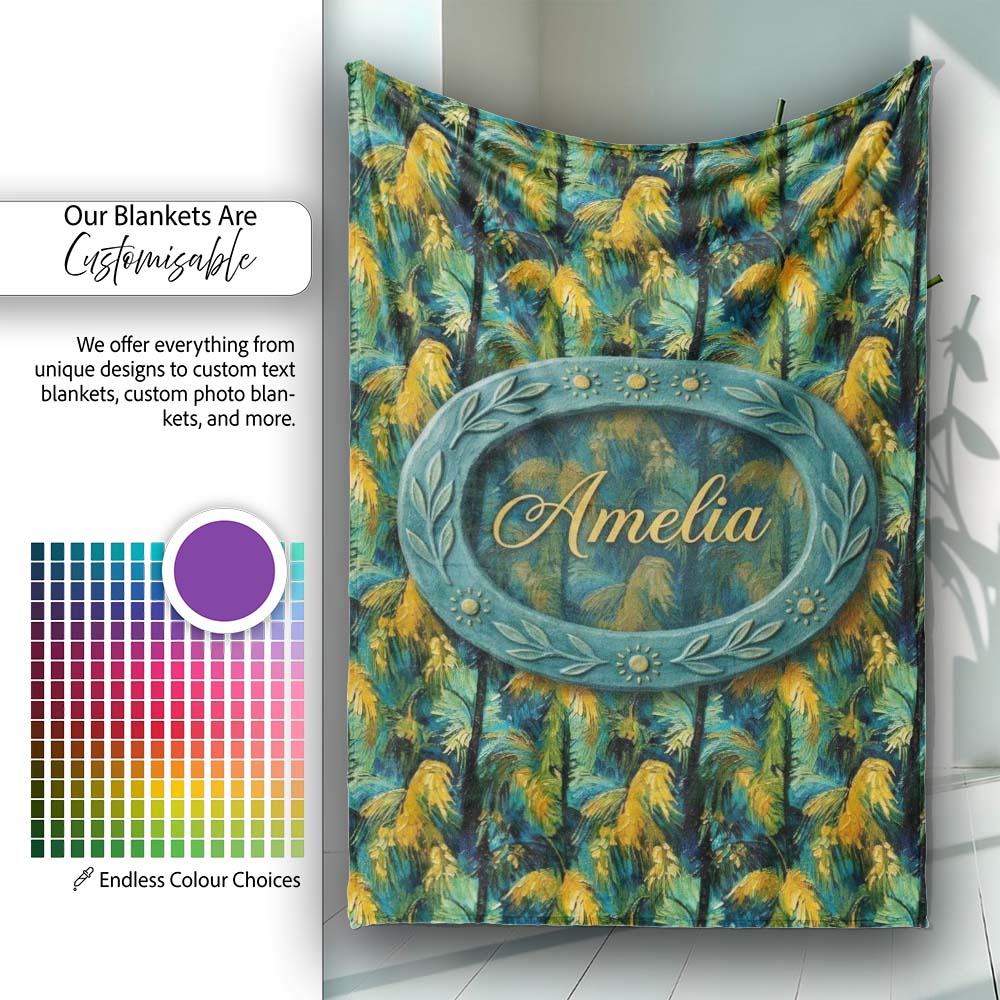 Bold Painterly Tropical Palm Leaves in Teal and Mustard Artistic  Personalised Custom Name Super Soft Fleece Blanket Bed Sofa Throw