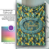 Bold Painterly Tropical Palm Leaves in Teal and Mustard Artistic  Personalised Custom Name Super Soft Fleece Blanket Bed Sofa Throw