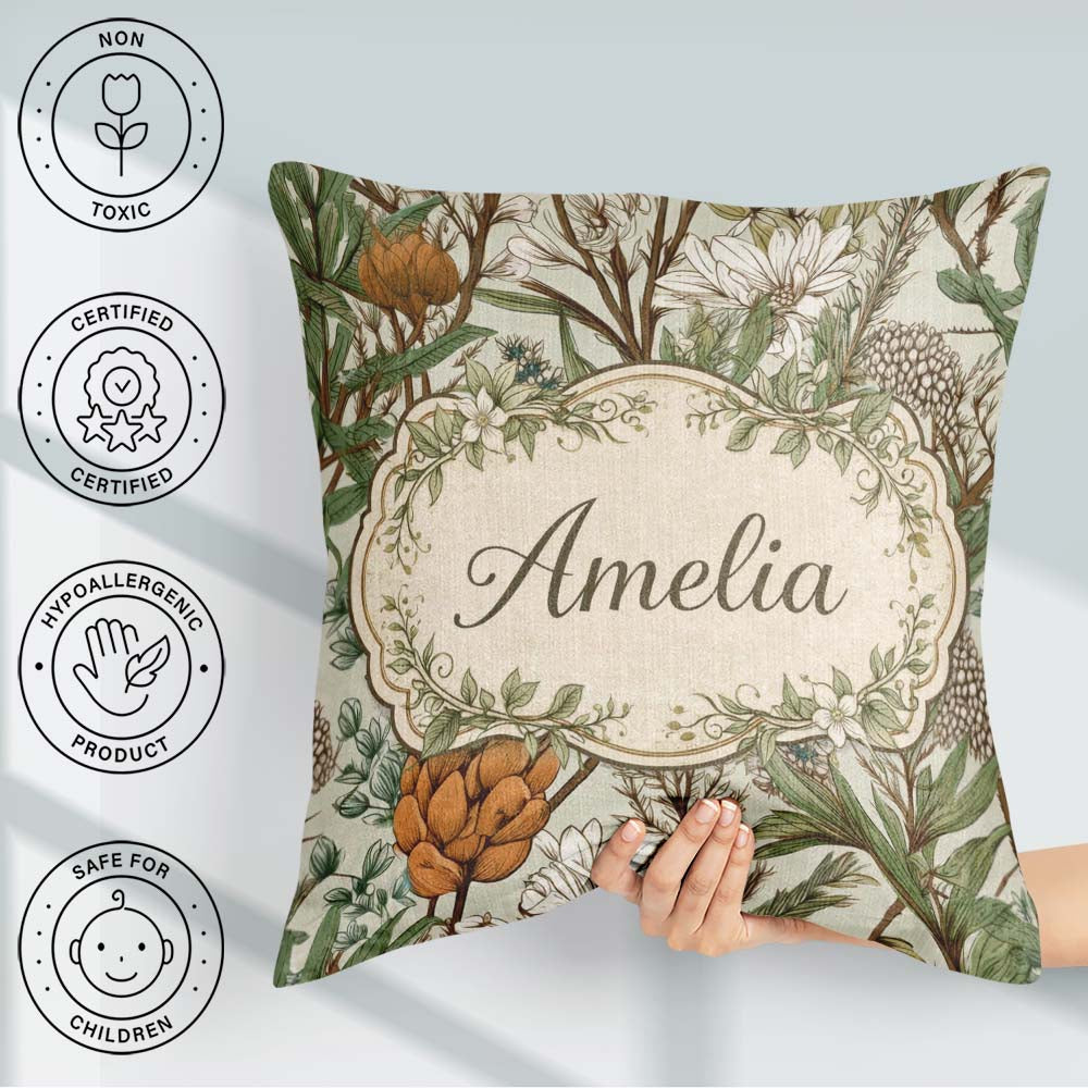 Custom Name Botanical Garden Floral Pattern Natural Tones Coffee Square Filled Cushion Throw Pillow Sofa Bed Home Decor Zip Washable UK Made