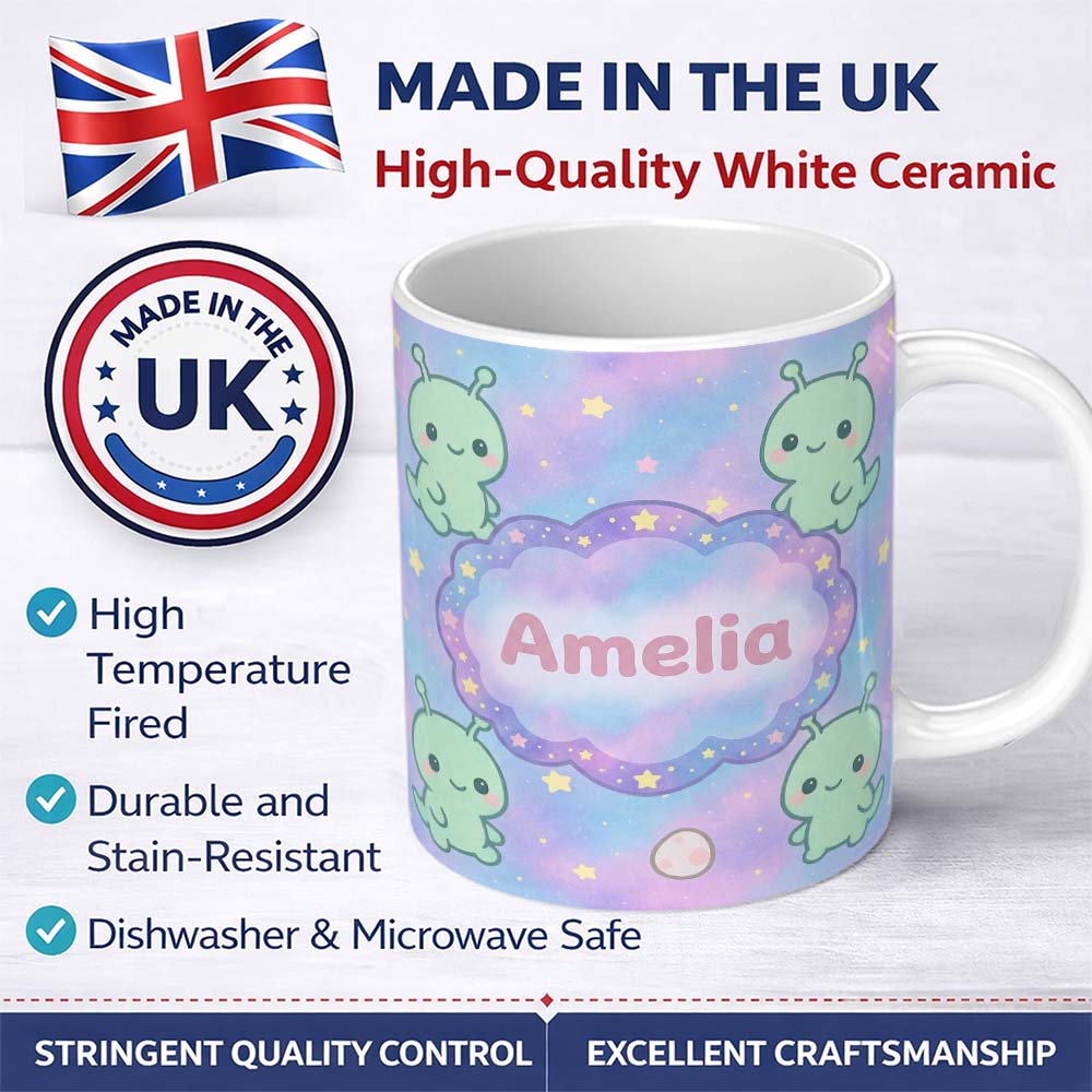 Personalized Custom Name Cute Alien Space Cartoon Animal Pattern Cute Unique Gift Lovely 11oz Ceramic Coffee Tea Mug White Large Handle