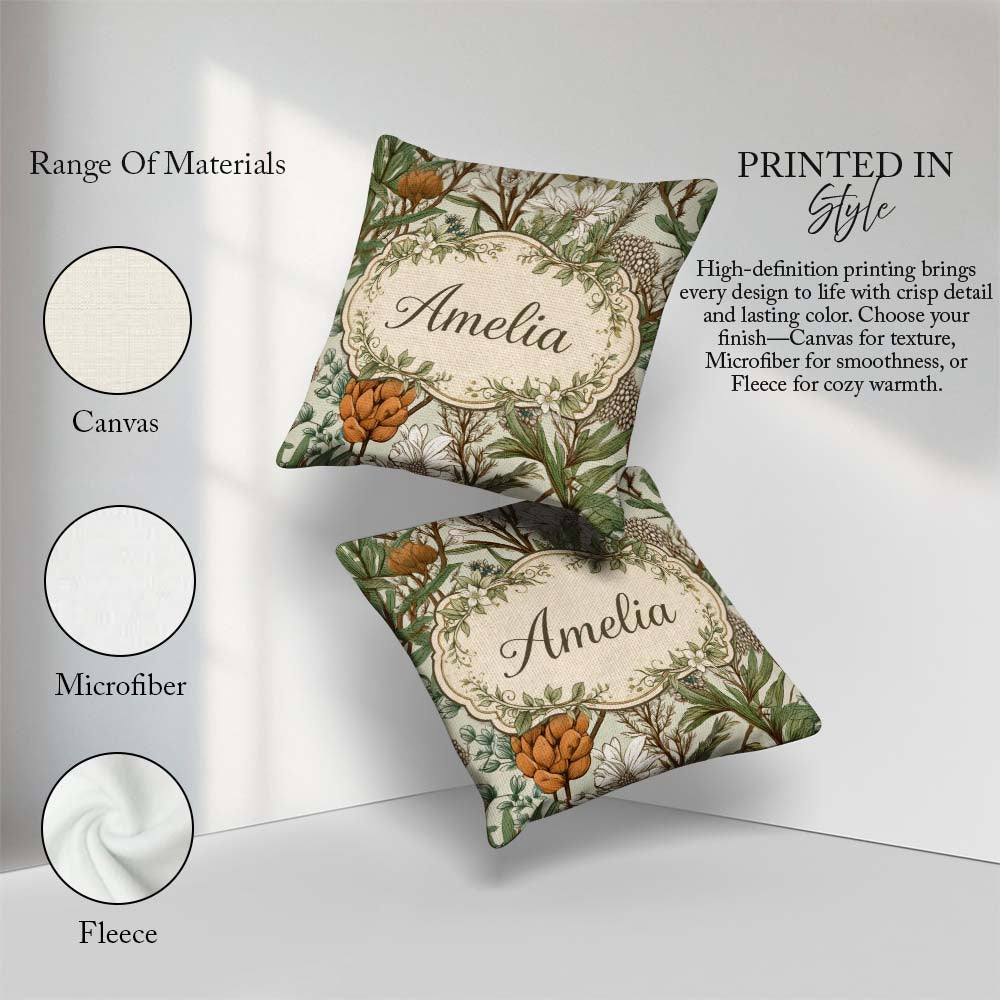Custom Name Botanical Garden Floral Pattern Natural Tones Coffee Square Filled Cushion Throw Pillow Sofa Bed Home Decor Zip Washable UK Made