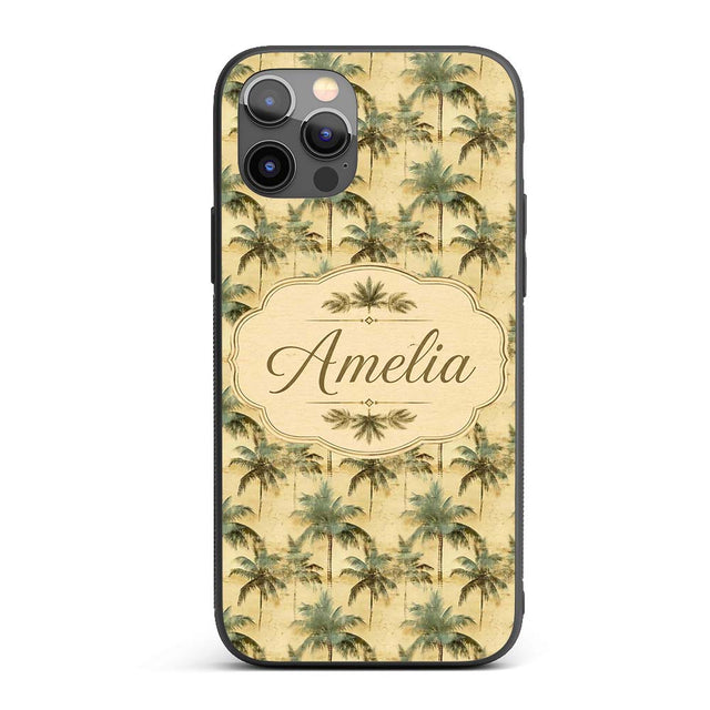 Muted Coastal Palm Tree Pattern in Soft Green and Custom Name Protective Phone Case Mobile Cover Durable Everyday Smartphone Shock Resistant