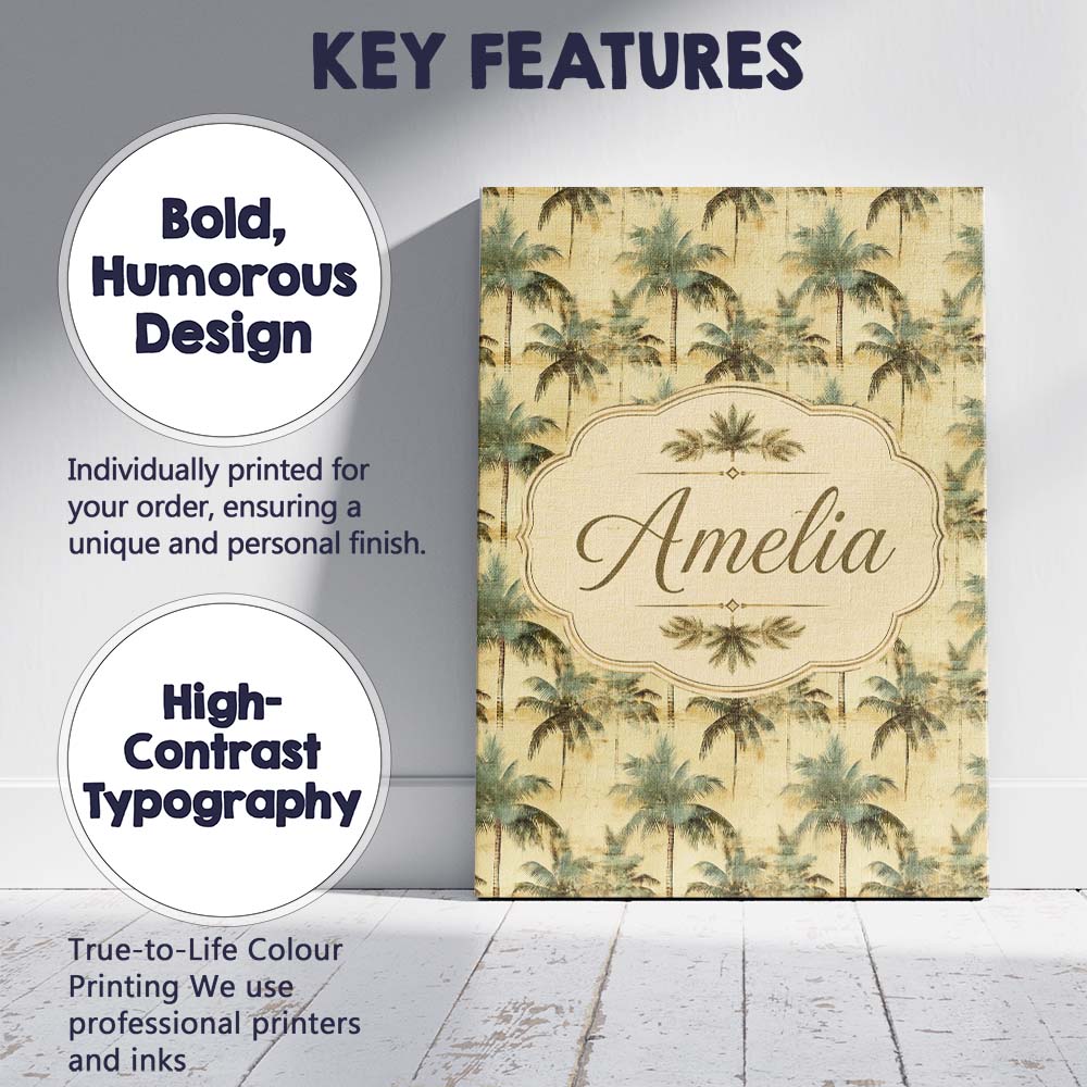 Personalised Name Muted Coastal Palm Tree Custom  Unique Gift Idea Elegant Feature Canvas Wall Art Print Decor Picture Ready to Hang