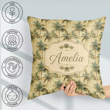 Custom Name Muted Palm Tree in Soft Green and Beige Tones Lovely Square Filled Cushion Throw Pillow Sofa Bed Home Decor Zip Washable UK Made