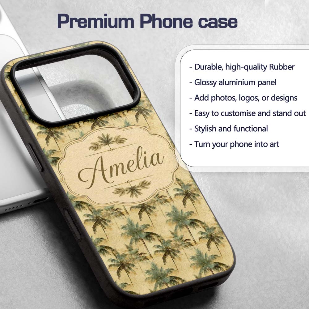 Muted Coastal Palm Tree Pattern in Soft Green and Custom Name Protective Phone Case Mobile Cover Durable Everyday Smartphone Shock Resistant