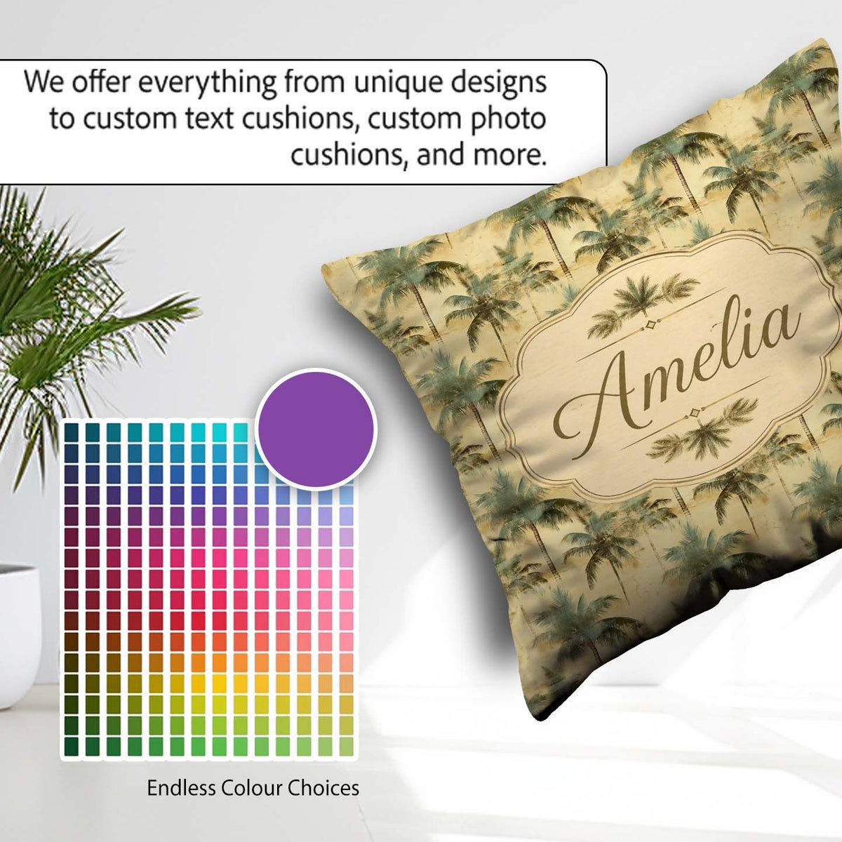 Custom Name Muted Palm Tree in Soft Green and Beige Tones Lovely Square Filled Cushion Throw Pillow Sofa Bed Home Decor Zip Washable UK Made