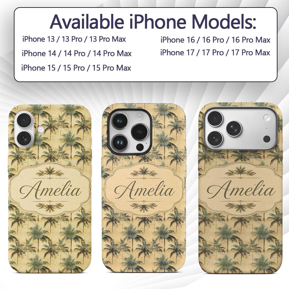 Muted Coastal Palm Tree Pattern in Soft Green and Custom Name Protective Phone Case Mobile Cover Durable Everyday Smartphone Shock Resistant