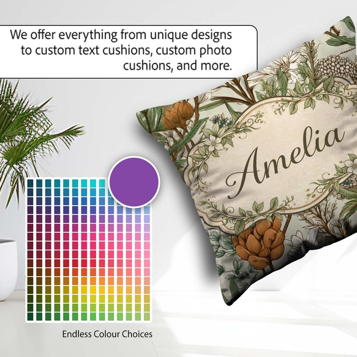 Custom Name Botanical Garden Floral Pattern Natural Tones Coffee Square Filled Cushion Throw Pillow Sofa Bed Home Decor Zip Washable UK Made