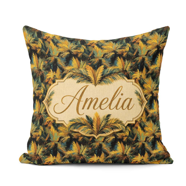 Custom Name Dark Palm Leaf Pattern in Rich Green and Ochre Tones Square Filled Cushion Throw Pillow Sofa Bed Home Decor Zip Washable UK Made