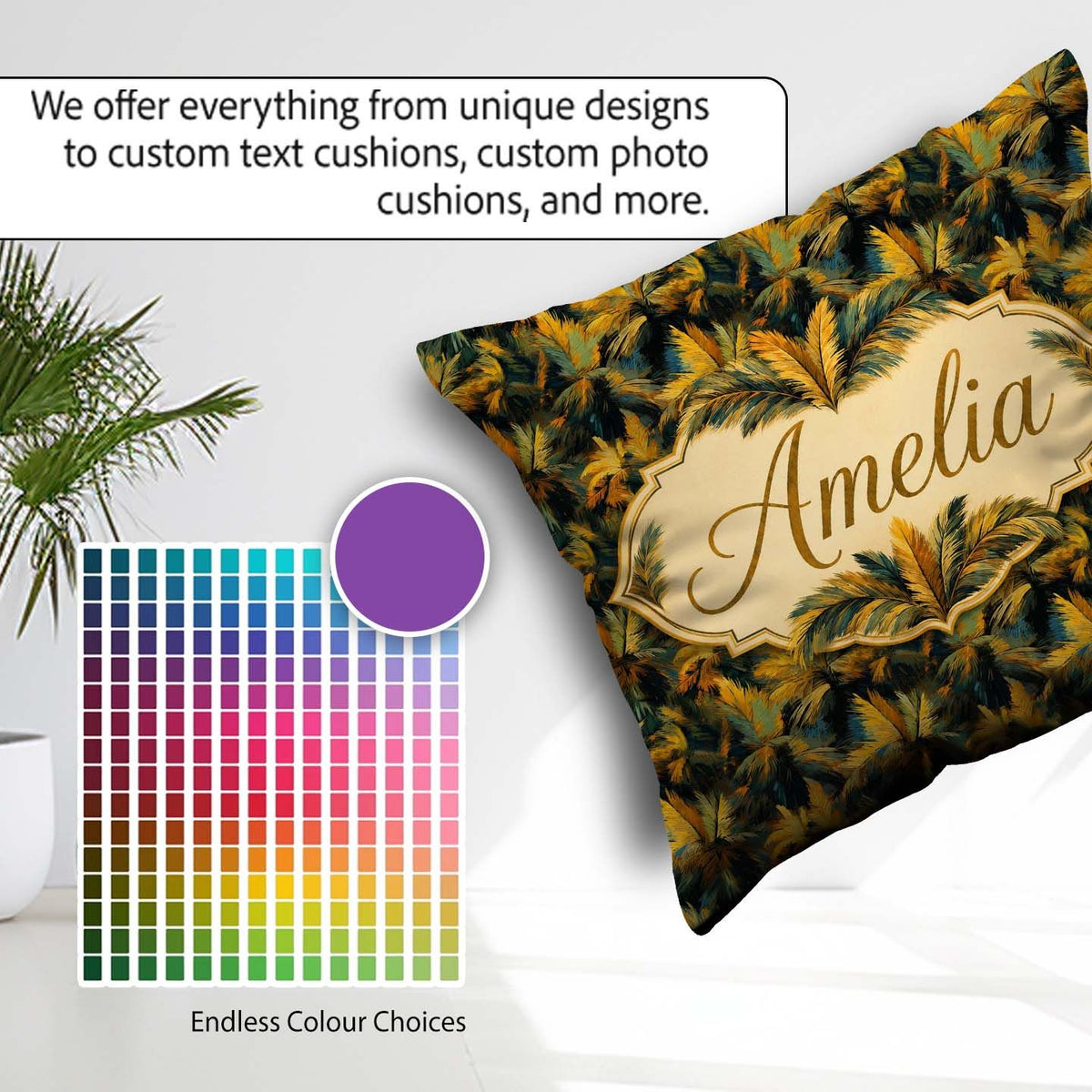 Custom Name Dark Palm Leaf Pattern in Rich Green and Ochre Tones Square Filled Cushion Throw Pillow Sofa Bed Home Decor Zip Washable UK Made