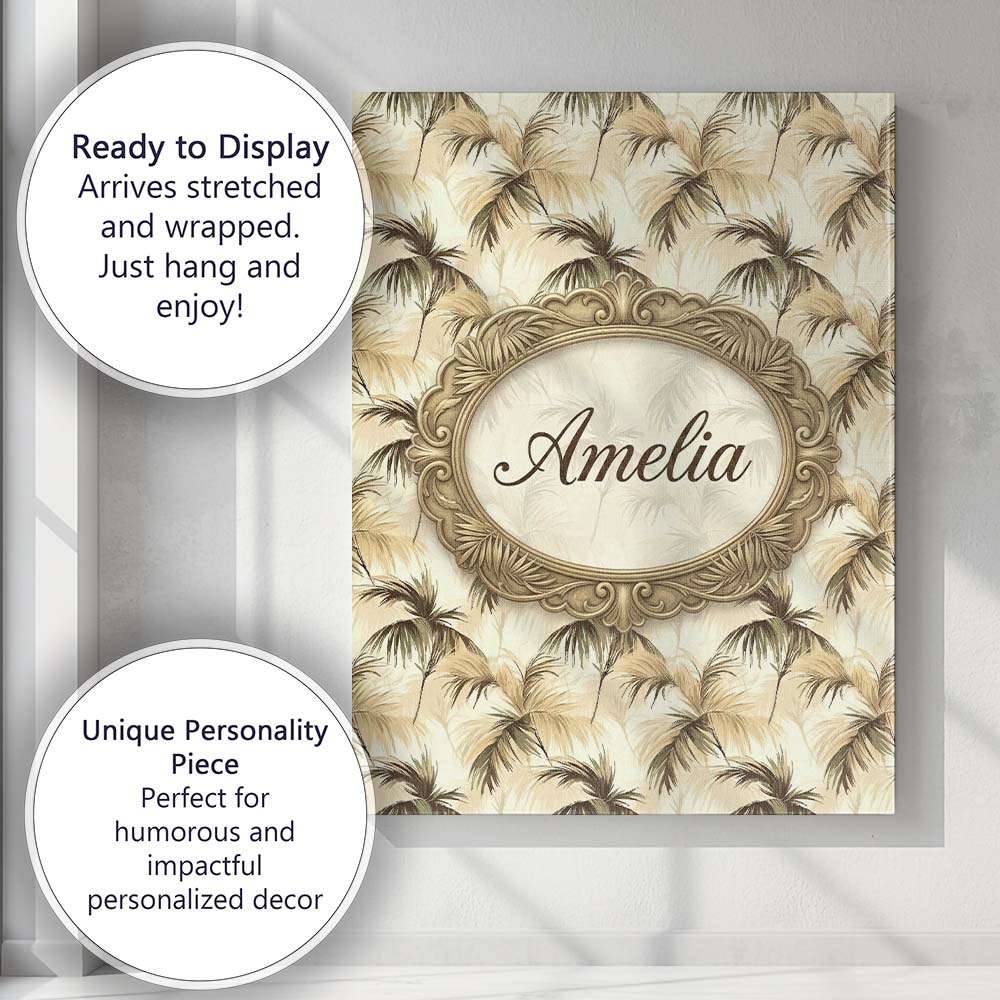 Personalised Name Neutral Palm Leaf Silhouette Pattern in Soft Premium Decorative Design Canvas Wall Art Print Decor Picture Ready to Hang